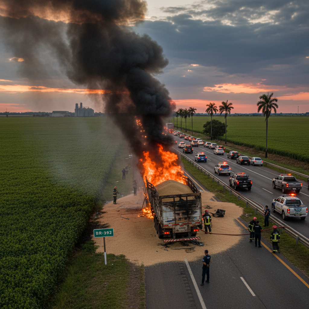 Carreta com soja pega fogo na BR-392 e interdita rodovia em Rio Grande (RS)
