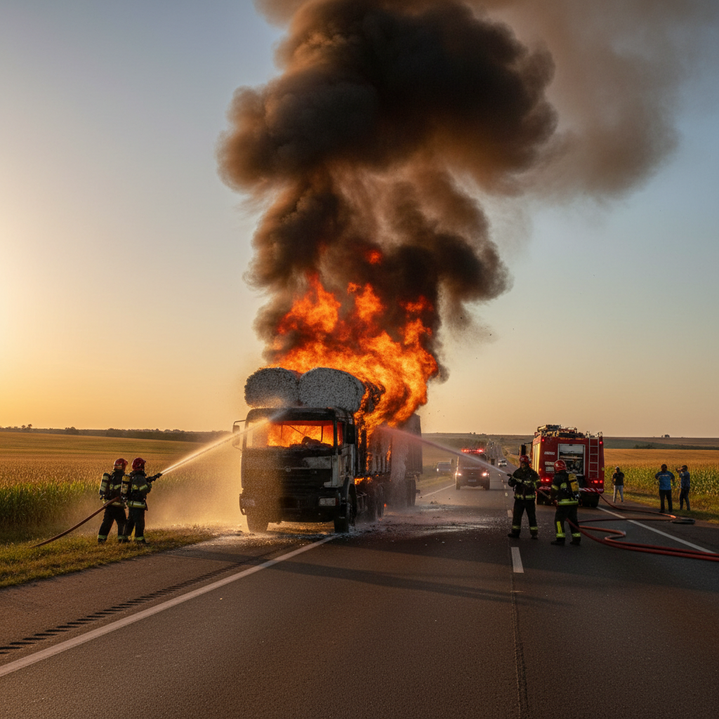 Incêndio em caminhão com algodão mobiliza bombeiros na BR-020